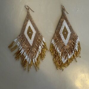 Gold, silver & white hand-beaded earrings, holiday, party